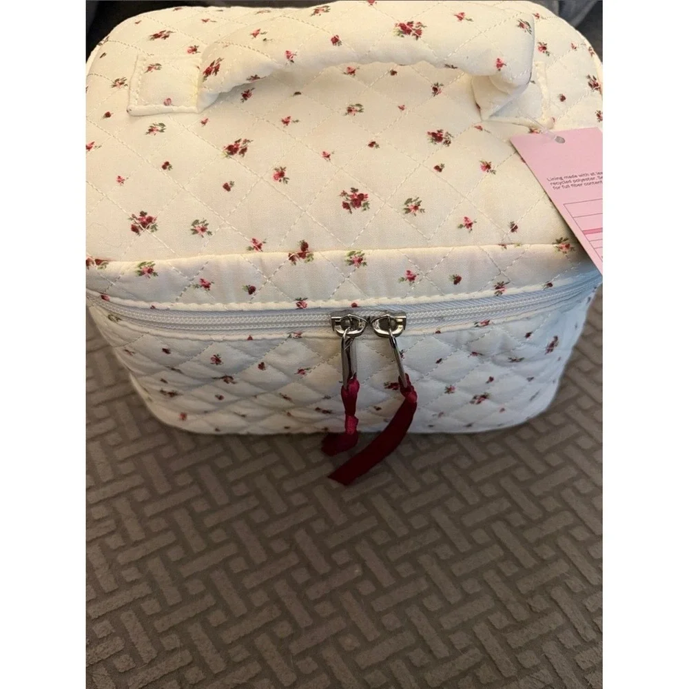 Quilted Cream Floral Cosmetic Case with Ribbon Zipper Pulls